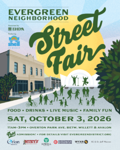 Evergreen Street Fair 2026 event poster, Oct 2, 2026, 11am - 3pm, Overton Park Ave